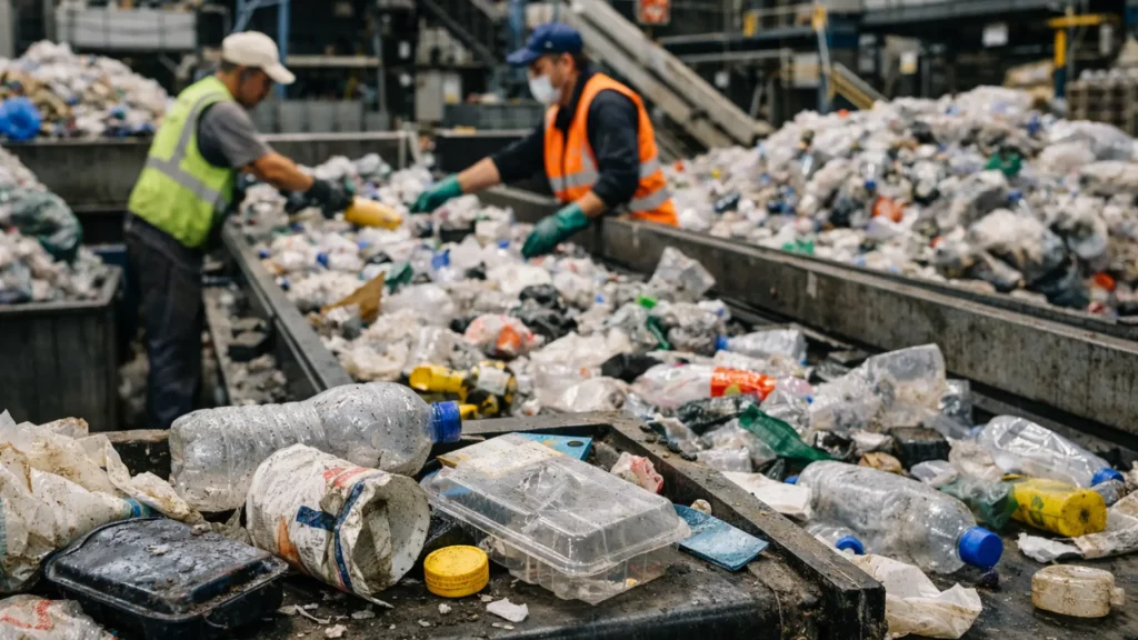 Travailleurs triant des déchets plastiques sur une chaîne de recyclage dans une usine industrielle avec des matériaux usés visibles