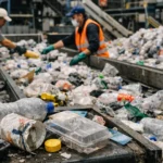 Travailleurs triant des déchets plastiques sur une chaîne de recyclage dans une usine industrielle avec des matériaux usés visibles