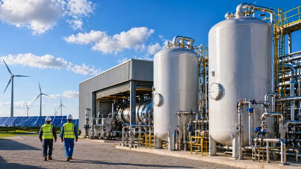 Centrale de stockage d’énergie à air liquide avec réservoirs givrés, ingénieurs et éoliennes