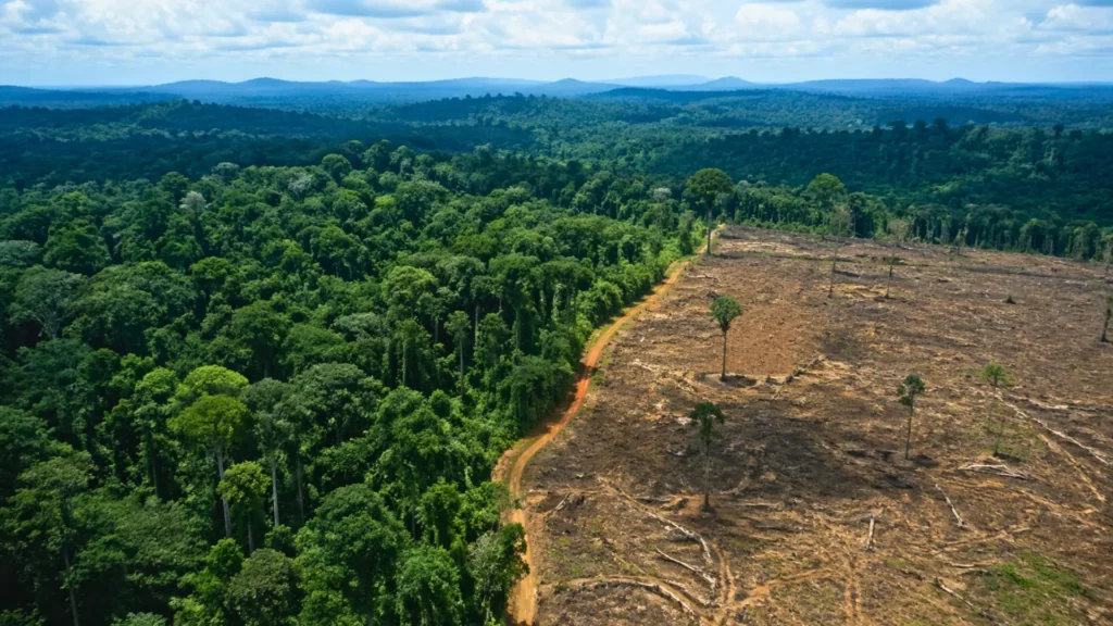 Vue aérienne de la forêt du Congo avec une zone de déforestation contrastant avec une forêt tropicale dense