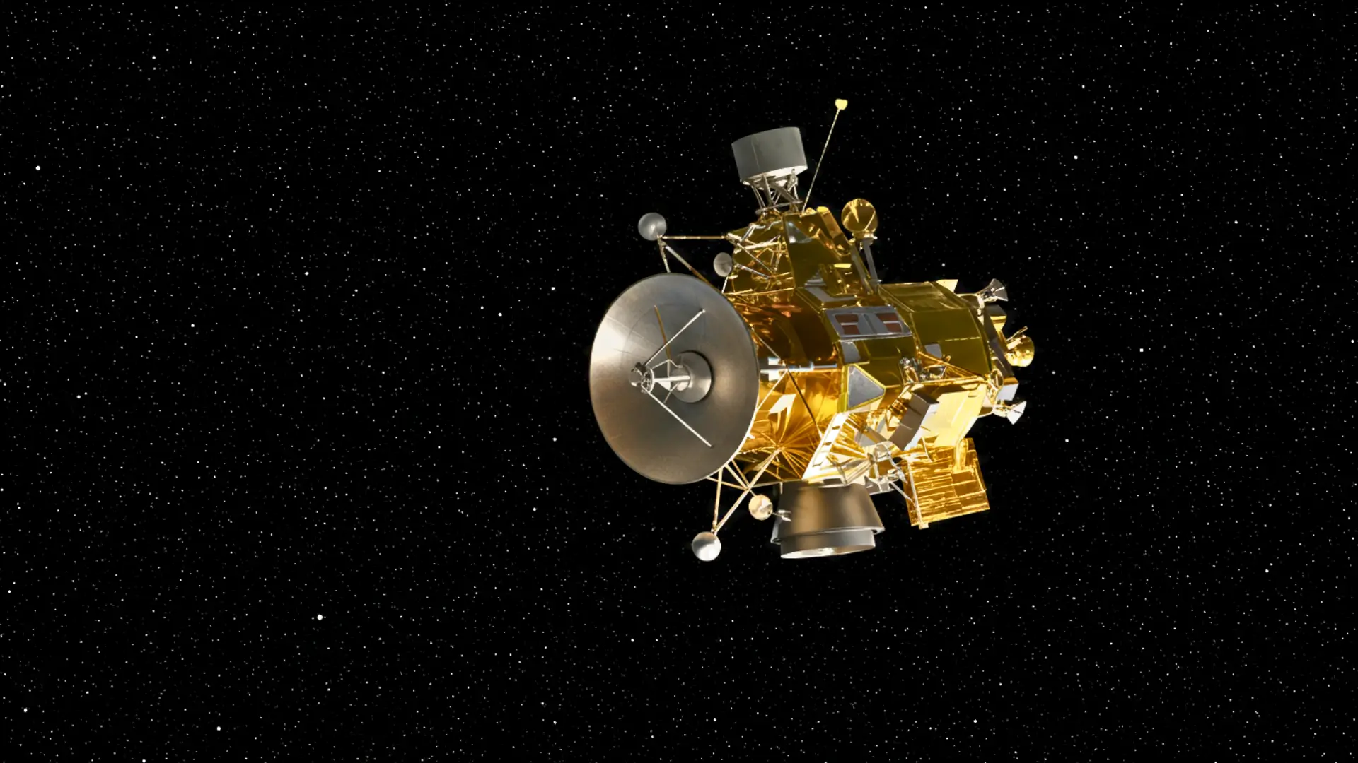 Illustration d’une sonde Voyager en orbite dans l’espace profond avec antenne parabolique