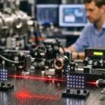 Laboratoire de physique quantique avec lasers et équipements optiques utilisés pour expérimenter les qubits