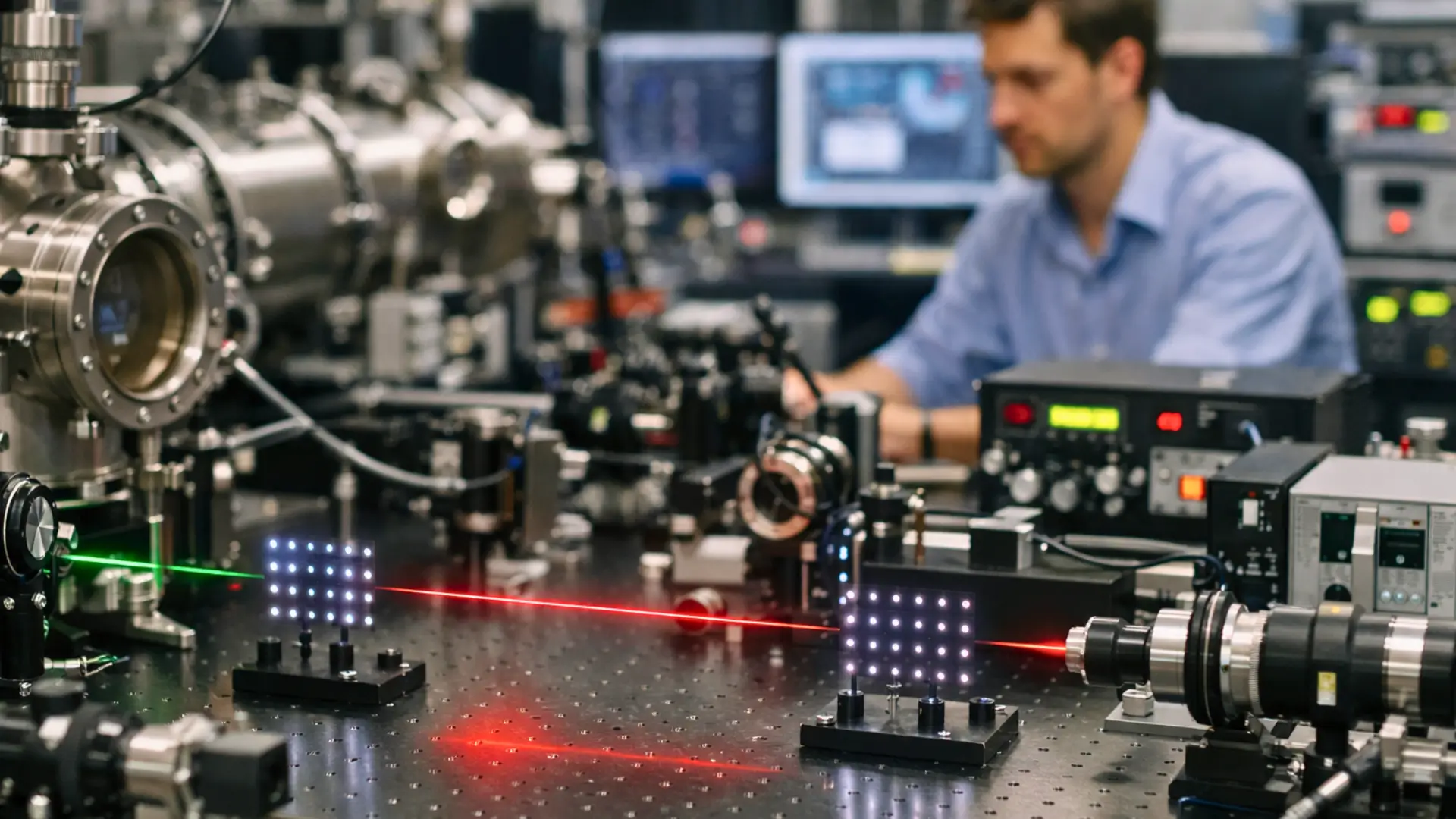 Laboratoire de physique quantique avec lasers et équipements optiques utilisés pour expérimenter les qubits