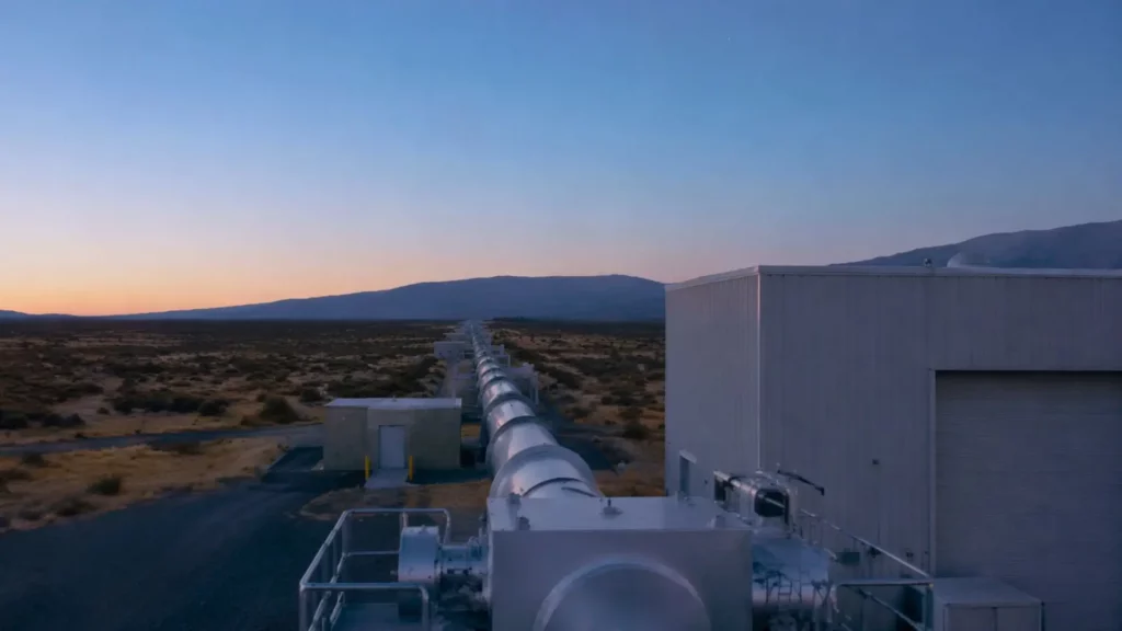 Un observatoire d’ondes gravitationnelles au crépuscule, avec de longs tubes à vide filant vers l’horizon sous un ciel clair parsemé de faibles étoiles.