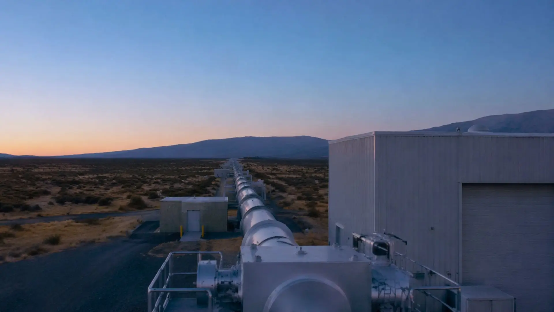 Un observatoire d’ondes gravitationnelles au crépuscule, avec de longs tubes à vide filant vers l’horizon sous un ciel clair parsemé de faibles étoiles.