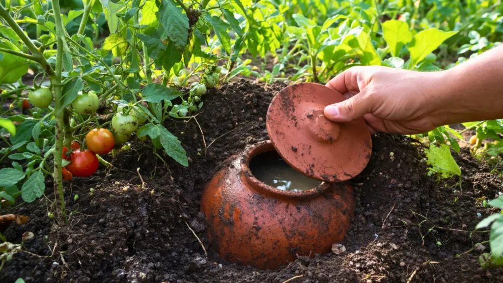 Une olla en argile partiellement déterrée dans un potager luxuriant, au milieu des racines de tomates et de légumes, tandis qu’une main soulève doucement son couvercle pour révéler l’eau à l’intérieur.