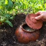 Une olla en argile partiellement déterrée dans un potager luxuriant, au milieu des racines de tomates et de légumes, tandis qu’une main soulève doucement son couvercle pour révéler l’eau à l’intérieur.