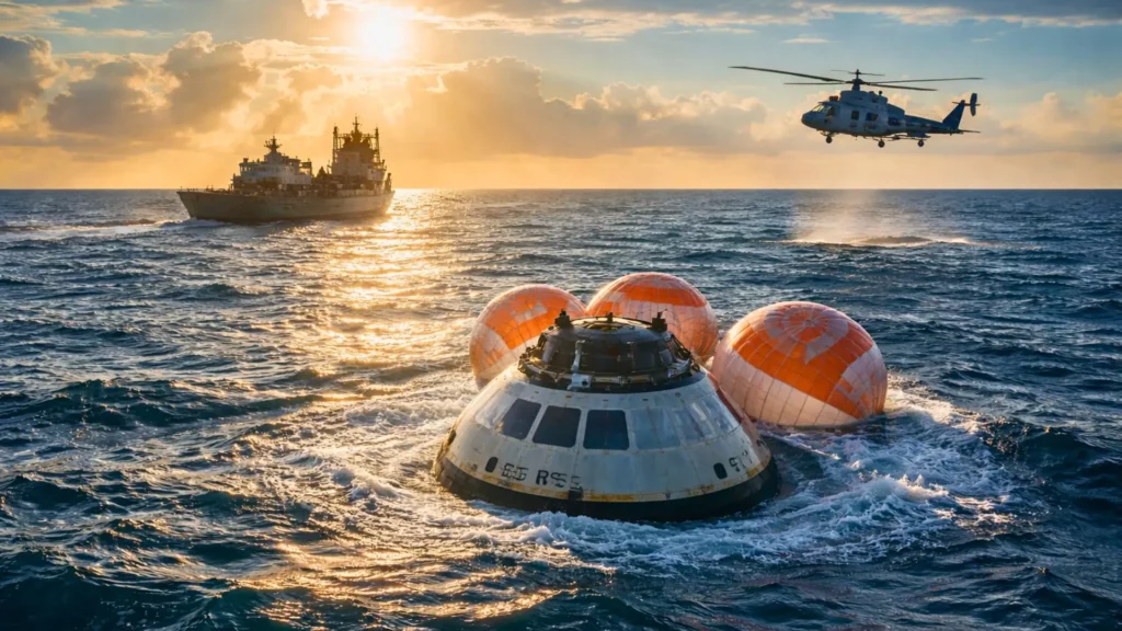 La capsule Orion flotte dans l’océan Pacifique après son retour de mission lunaire, entourée de parachutes et d’un navire de récupération au coucher du soleil.