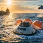 La capsule Orion flotte dans l’océan Pacifique après son retour de mission lunaire, entourée de parachutes et d’un navire de récupération au coucher du soleil.