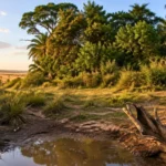 Paysage africain sauvage mêlant forêt dense et savane dorée, avec un petit point d’eau stagnante éclairé par la lumière chaude du coucher de soleil.