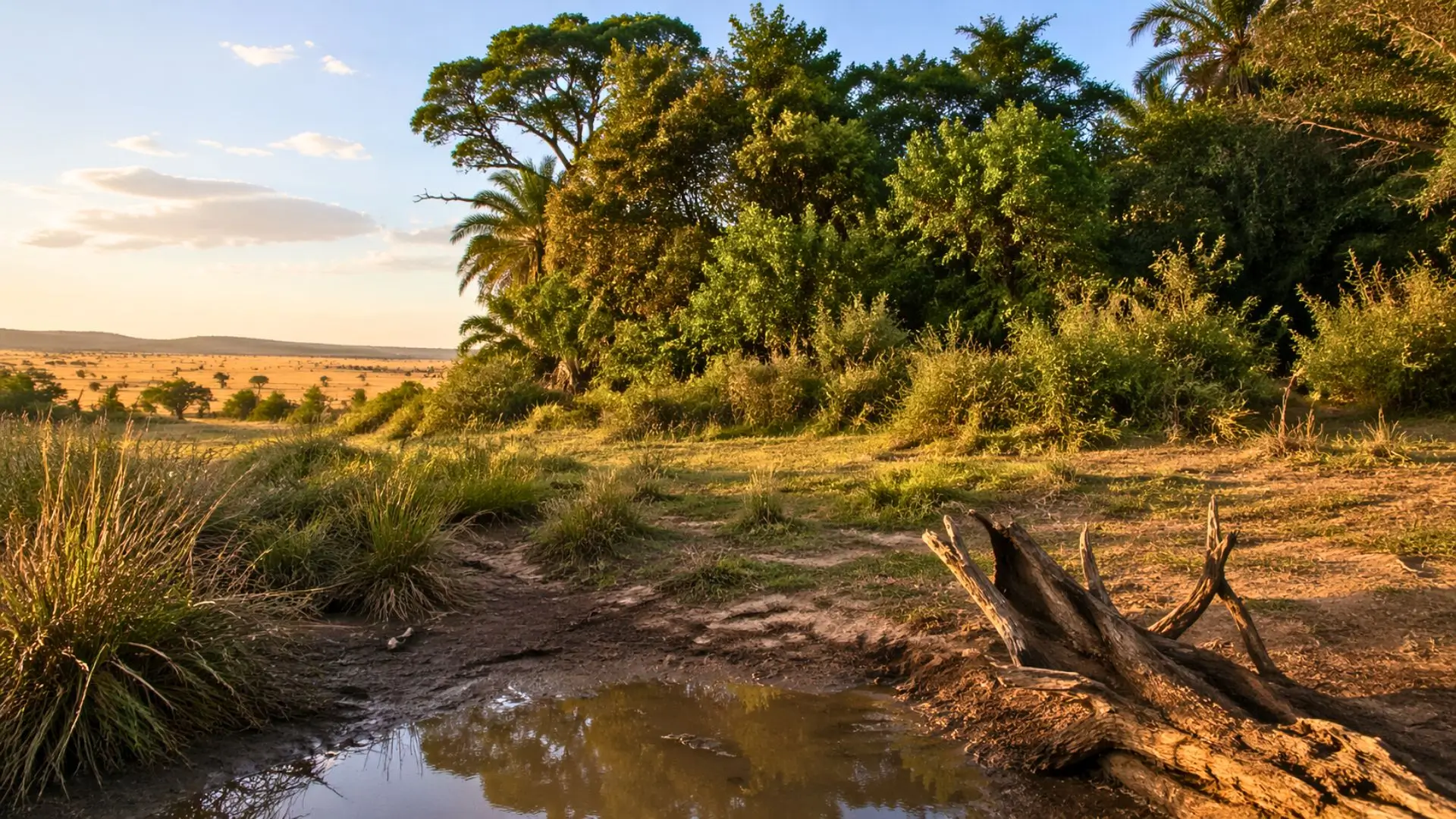 Paysage africain sauvage mêlant forêt dense et savane dorée, avec un petit point d’eau stagnante éclairé par la lumière chaude du coucher de soleil.