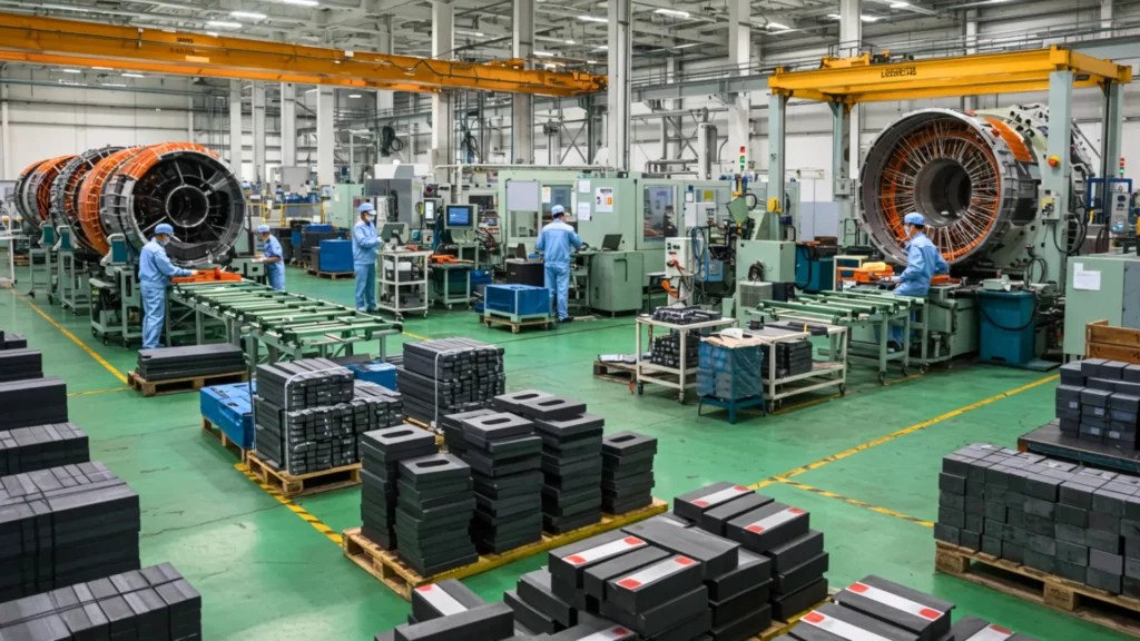 Chaîne de production d’aimants en terres rares dans une usine chinoise avec composants industriels et moteurs électriques en arrière-plan