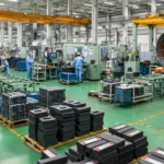 Chaîne de production d’aimants en terres rares dans une usine chinoise avec composants industriels et moteurs électriques en arrière-plan