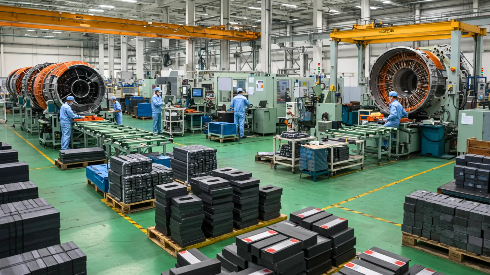 Chaîne de production d’aimants en terres rares dans une usine chinoise avec composants industriels et moteurs électriques en arrière-plan