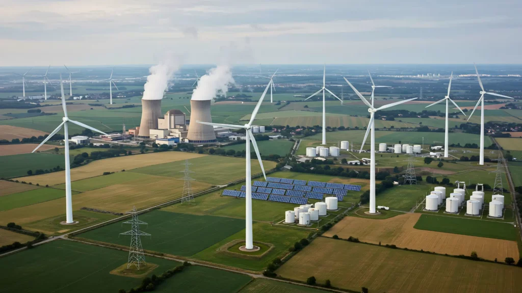 Centrale nucléaire entourée d’éoliennes et de panneaux solaires dans un paysage rural