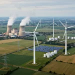 Centrale nucléaire entourée d’éoliennes et de panneaux solaires dans un paysage rural