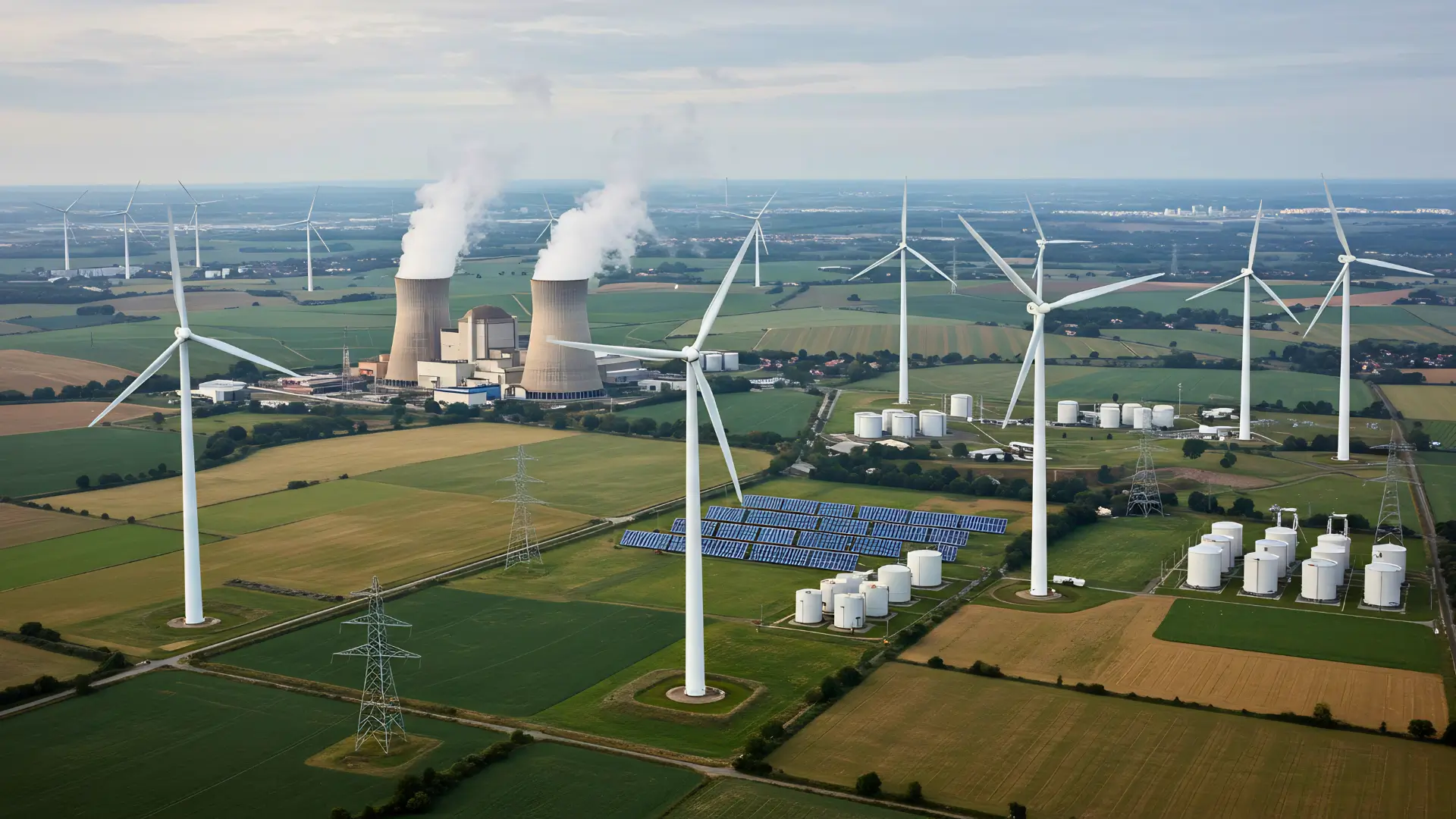 Centrale nucléaire entourée d’éoliennes et de panneaux solaires dans un paysage rural