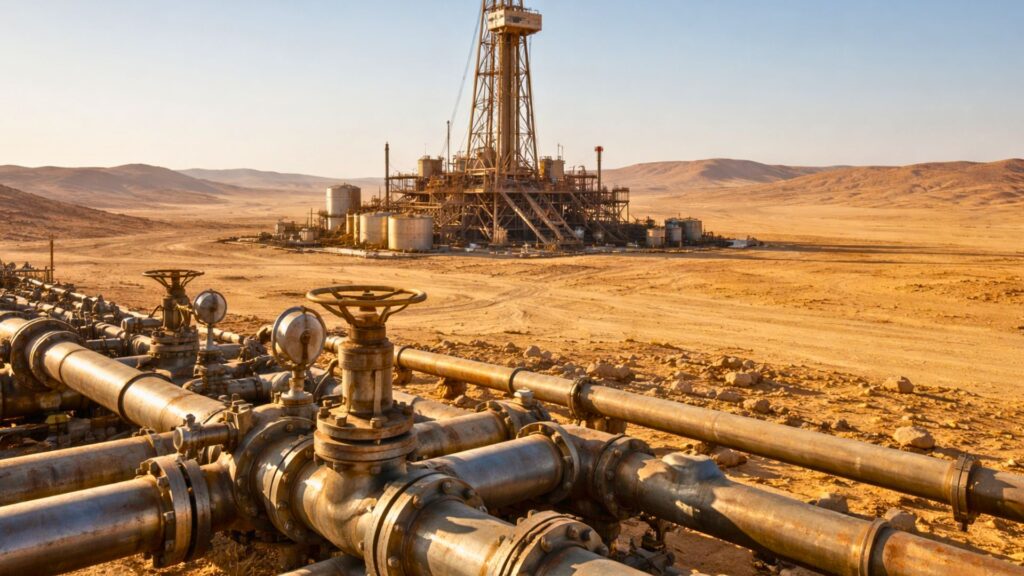 Une vaste plateforme pétrolière se dresse aux portes du désert, entourée de tuyaux industriels sous une lumière dorée.