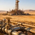Une vaste plateforme pétrolière se dresse aux portes du désert, entourée de tuyaux industriels sous une lumière dorée.