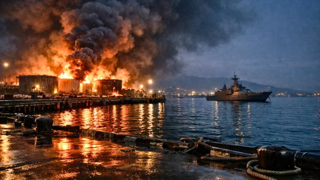 Vue nocturne du port de Novorossiysk après une frappe de drone, avec des réservoirs de pétrole en feu, une épaisse fumée et leurs reflets sur l’eau sombre.