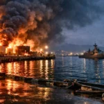 Vue nocturne du port de Novorossiysk après une frappe de drone, avec des réservoirs de pétrole en feu, une épaisse fumée et leurs reflets sur l’eau sombre.