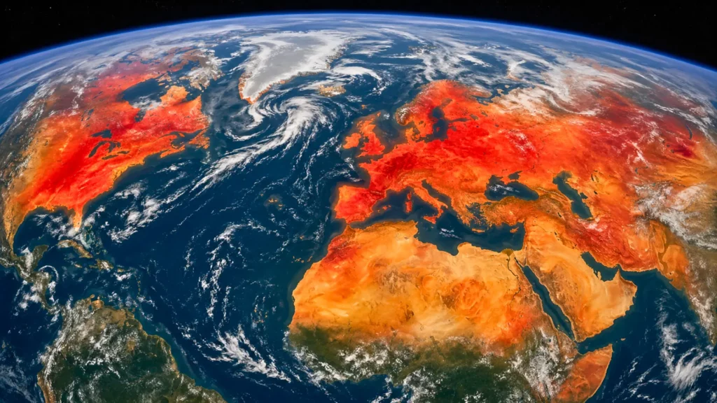 Vue satellite réaliste de la Terre avec anomalies de chaleur extrêmes en rouge sur plusieurs continents