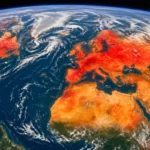 Vue satellite réaliste de la Terre avec anomalies de chaleur extrêmes en rouge sur plusieurs continents