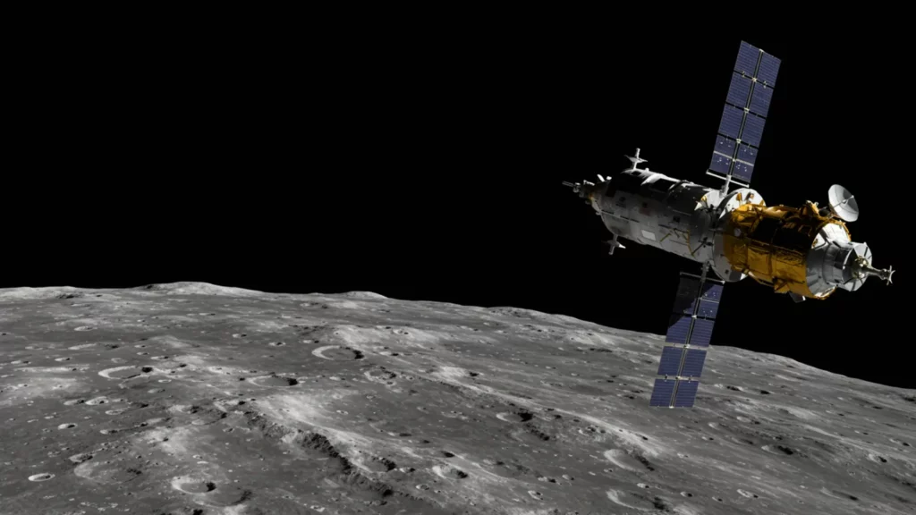 Vaisseau spatial en orbite autour de la Lune avec surface lunaire en arrière-plan