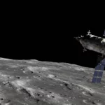 Vaisseau spatial en orbite autour de la Lune avec surface lunaire en arrière-plan