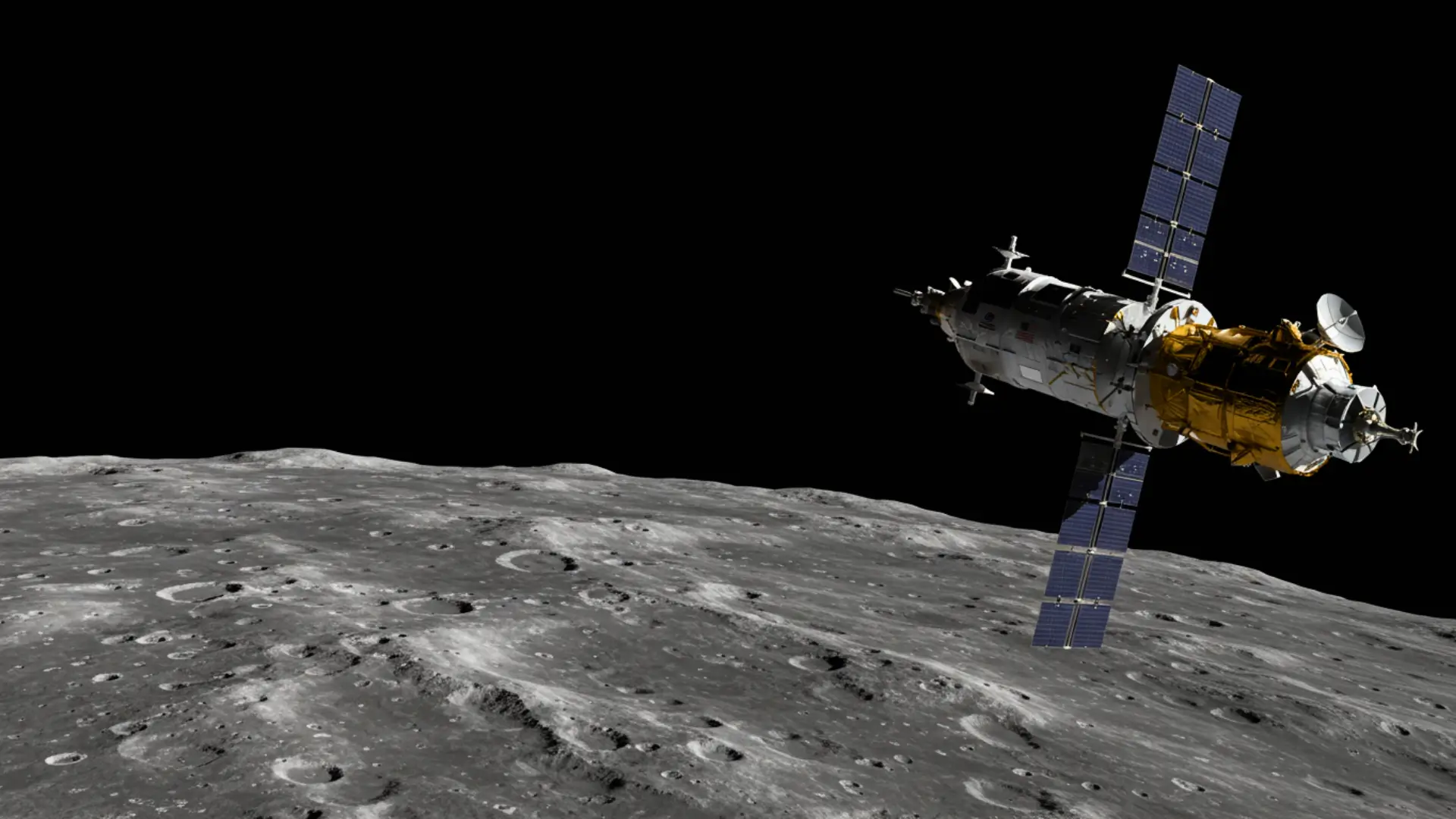 Vaisseau spatial en orbite autour de la Lune avec surface lunaire en arrière-plan