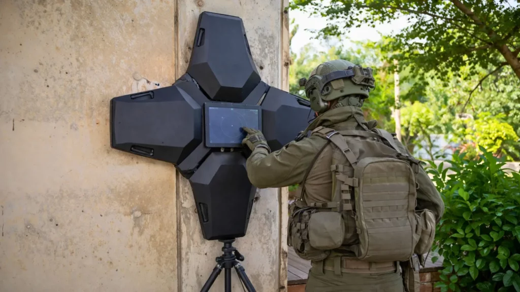 Un opérateur militaire en tenue tactique manipule un radar noir en forme d’étoile fixé contre un mur en béton, en extérieur, sous la lumière du jour.