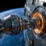 Un embout métallique de ravitaillement spatial s’insère avec précision dans un port lumineux sur un satellite, avec la Terre en arrière-plan dans l’espace profond.