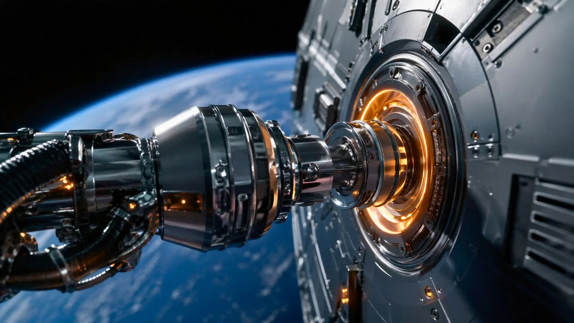 Un embout métallique de ravitaillement spatial s’insère avec précision dans un port lumineux sur un satellite, avec la Terre en arrière-plan dans l’espace profond.