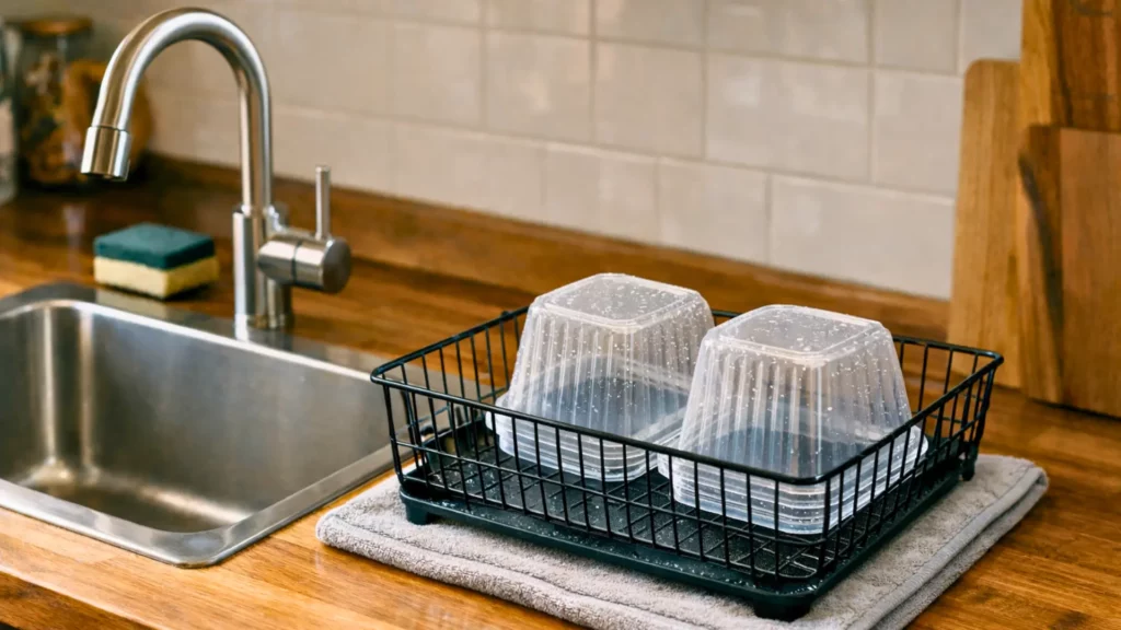 Barquettes plastiques propres en train de sécher dans un égouttoir à côté d’un évier