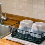 Barquettes plastiques propres en train de sécher dans un égouttoir à côté d’un évier