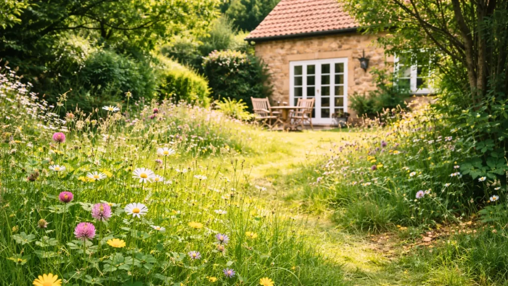 jardin naturel avec herbes hautes et fleurs sauvages devant une maison