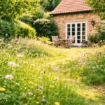 jardin naturel avec herbes hautes et fleurs sauvages devant une maison