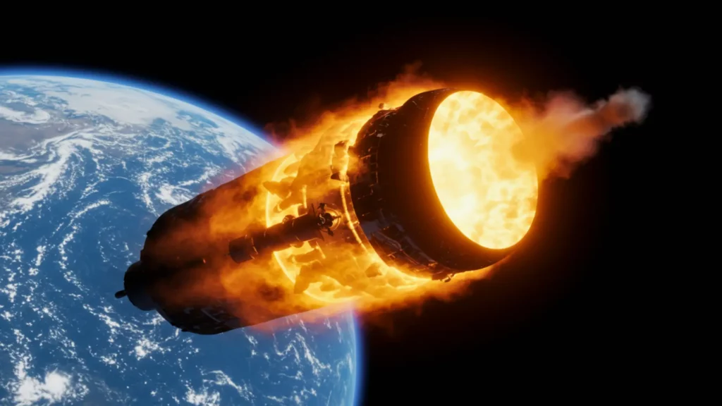 Capsule Orion en rentrée atmosphérique entourée de plasma incandescent avec la Terre en arrière-plan