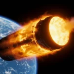 Capsule Orion en rentrée atmosphérique entourée de plasma incandescent avec la Terre en arrière-plan