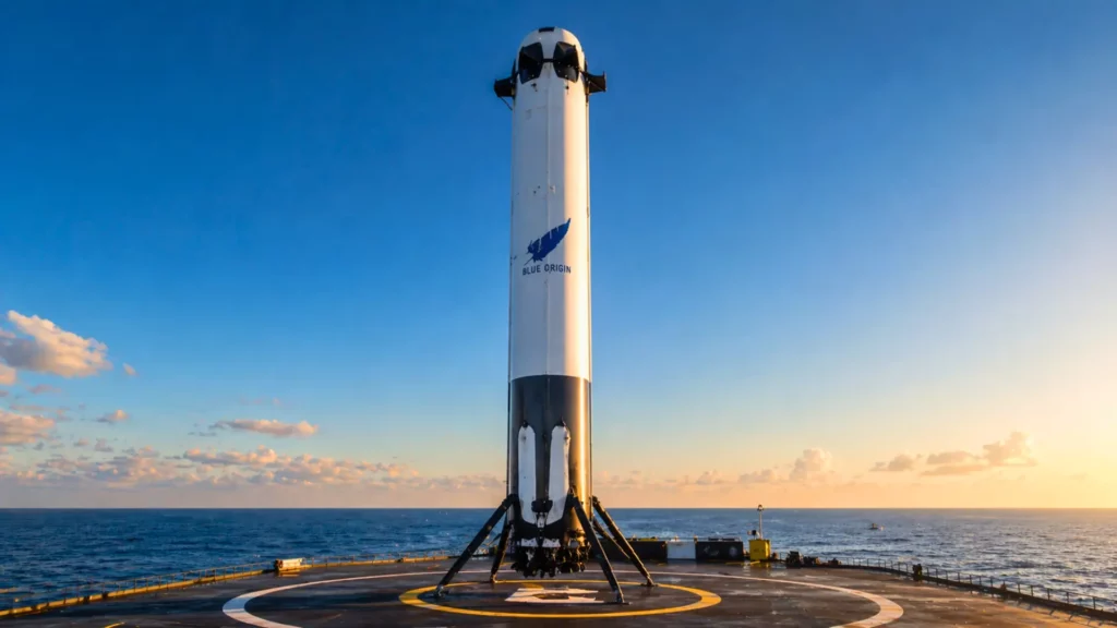 Booster de la fusée New Glenn de Blue Origin posé verticalement sur une plateforme en mer au coucher du soleil