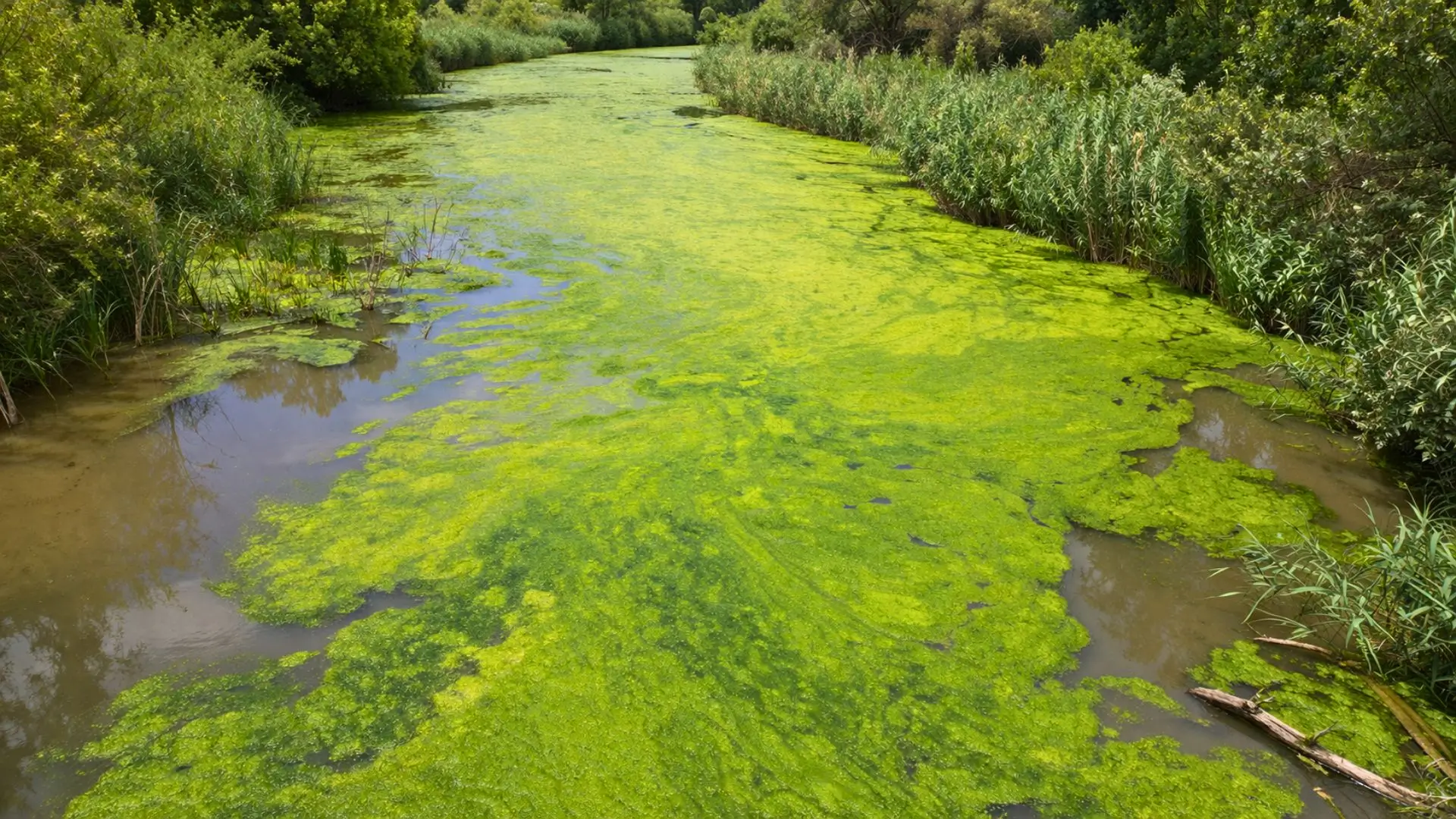 Vue en hauteur d’une rivière peu profonde recouverte d’une dense prolifération d’algues vert vif, bordée de roseaux et de végétation marécageuse.