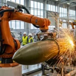 Un bras robotique industriel orange soude le corps d'une grande munition militaire vert olive, projetant une gerbe d'étincelles intenses. En arrière-plan flou, on distingue une carrosserie de voiture et des ouvriers dans une usine moderne.