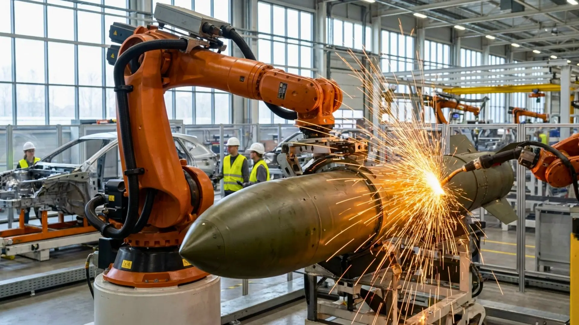 Un bras robotique industriel orange soude le corps d'une grande munition militaire vert olive, projetant une gerbe d'étincelles intenses. En arrière-plan flou, on distingue une carrosserie de voiture et des ouvriers dans une usine moderne.