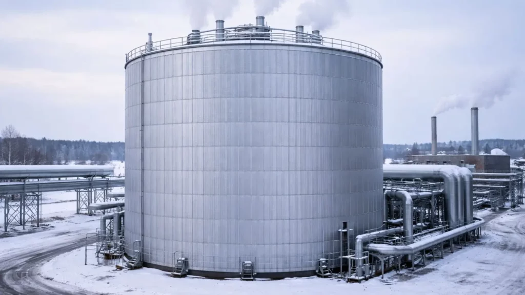 Grand silo industriel cylindrique entièrement isolé, entouré de tuyaux techniques, dans un paysage enneigé sous un ciel d’hiver gris.