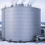 Grand silo industriel cylindrique entièrement isolé, entouré de tuyaux techniques, dans un paysage enneigé sous un ciel d’hiver gris.