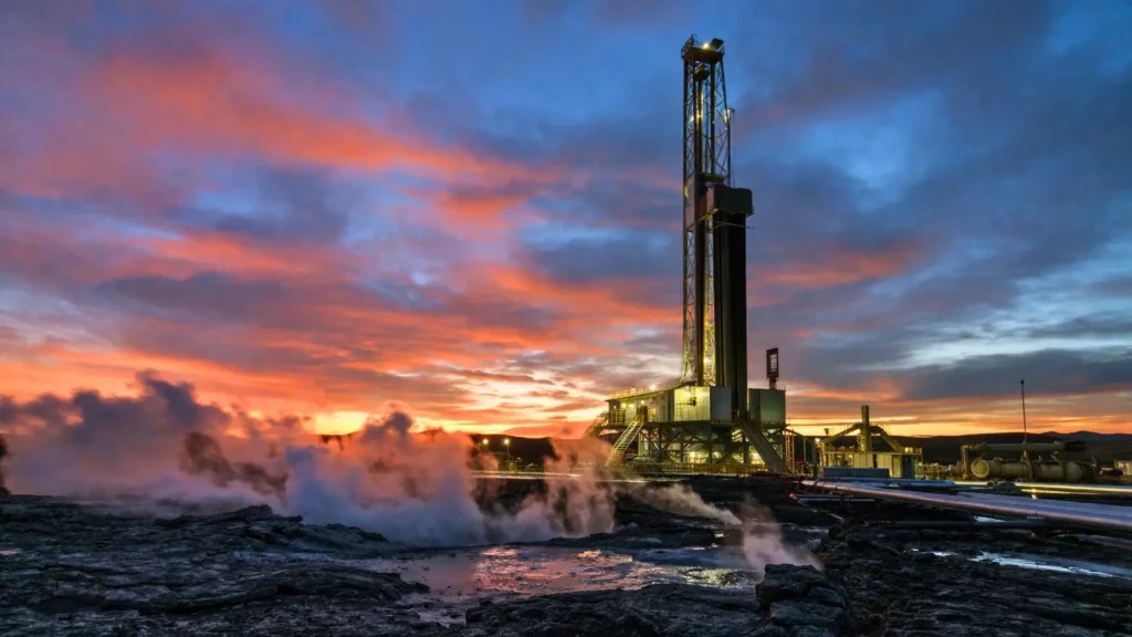 Un site de forage géothermique profond au crépuscule, avec une immense tour de forage, de la vapeur s’échappant du sol et des roches volcaniques sombres au premier plan.