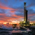 Un site de forage géothermique profond au crépuscule, avec une immense tour de forage, de la vapeur s’échappant du sol et des roches volcaniques sombres au premier plan.