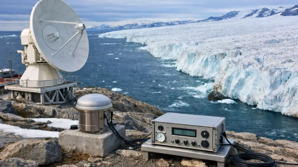 Une station de recherche polaire domine un glacier en fonte se jetant dans l’océan, avec une grande antenne de précision et des instruments scientifiques au premier plan.