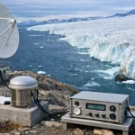 Une station de recherche polaire domine un glacier en fonte se jetant dans l’océan, avec une grande antenne de précision et des instruments scientifiques au premier plan.
