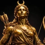 Statuette en bronze de la déesse Diane, éclairée en clair-obscur sur fond noir, avec une patine ancienne verte et dorée et des traces de terre visibles.
